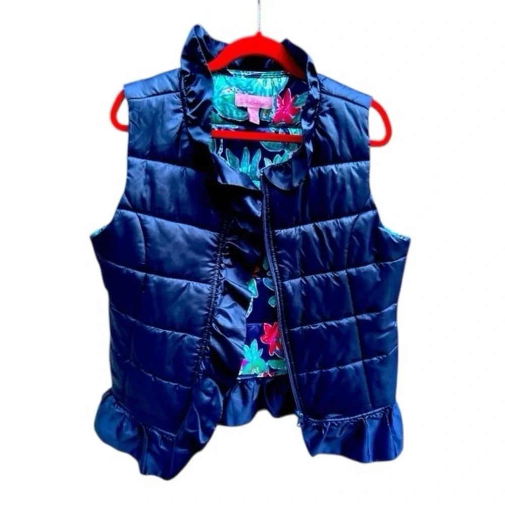 Lilly Pulitzer Girls Melanie Ruffle Floral Zip Up Puffer Vest